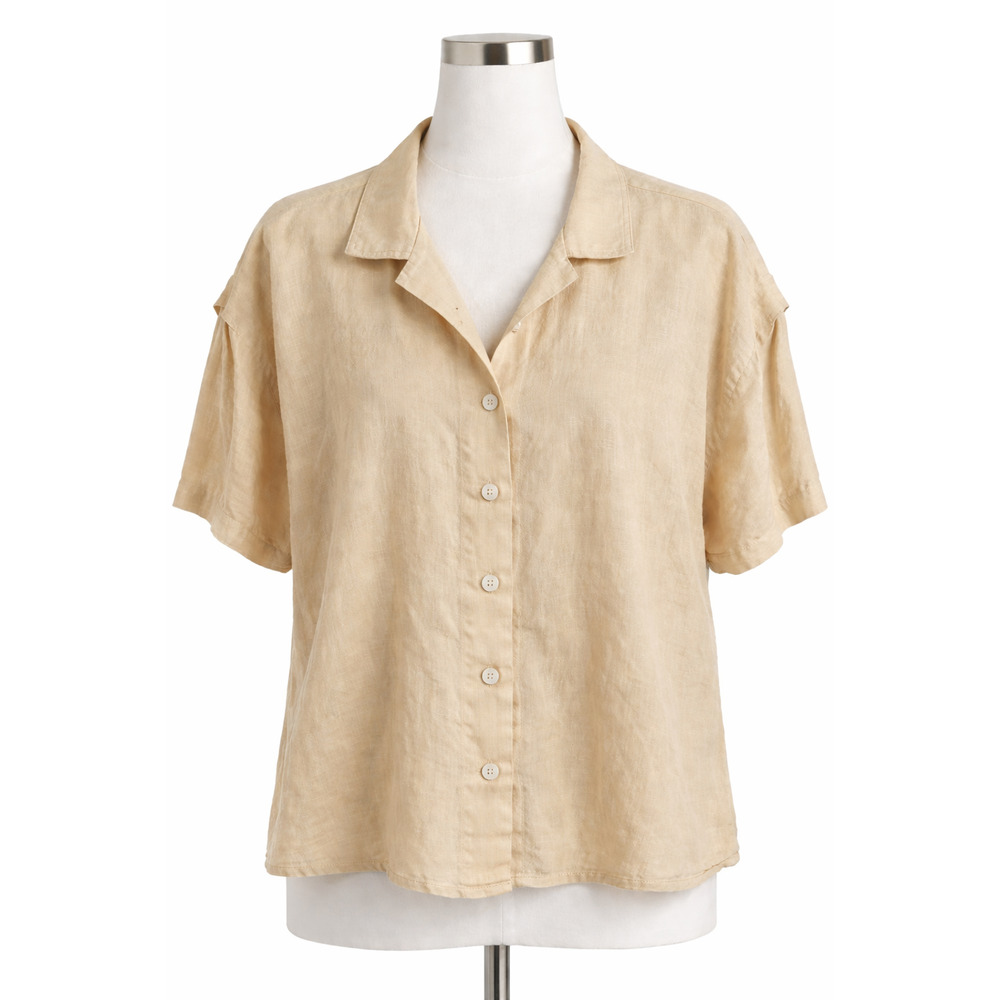 Vintage Beige Linen Look Button Front Blouse Mediterranean Style Size 14